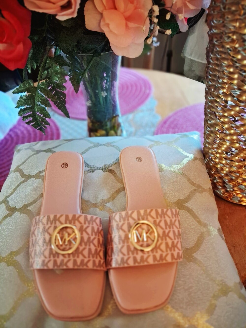 MK Pink Large Strap Jaquard with Gold Cicular Logo Slip On Sandal Sz.EU 39/8.5